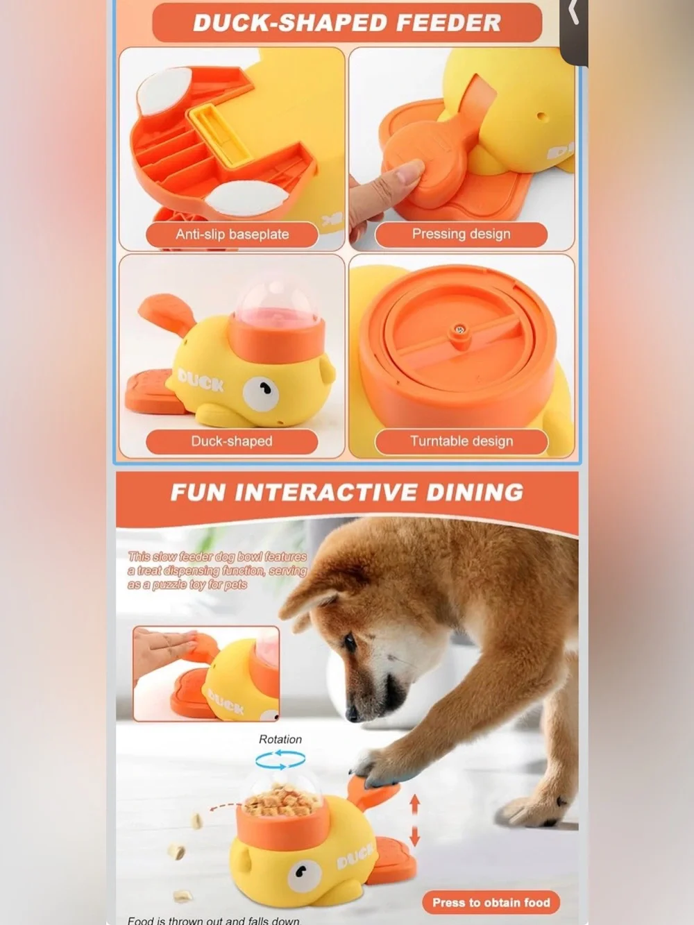 Interactive Duck Slow Feeder Dog Bowl - Yellow & Orange